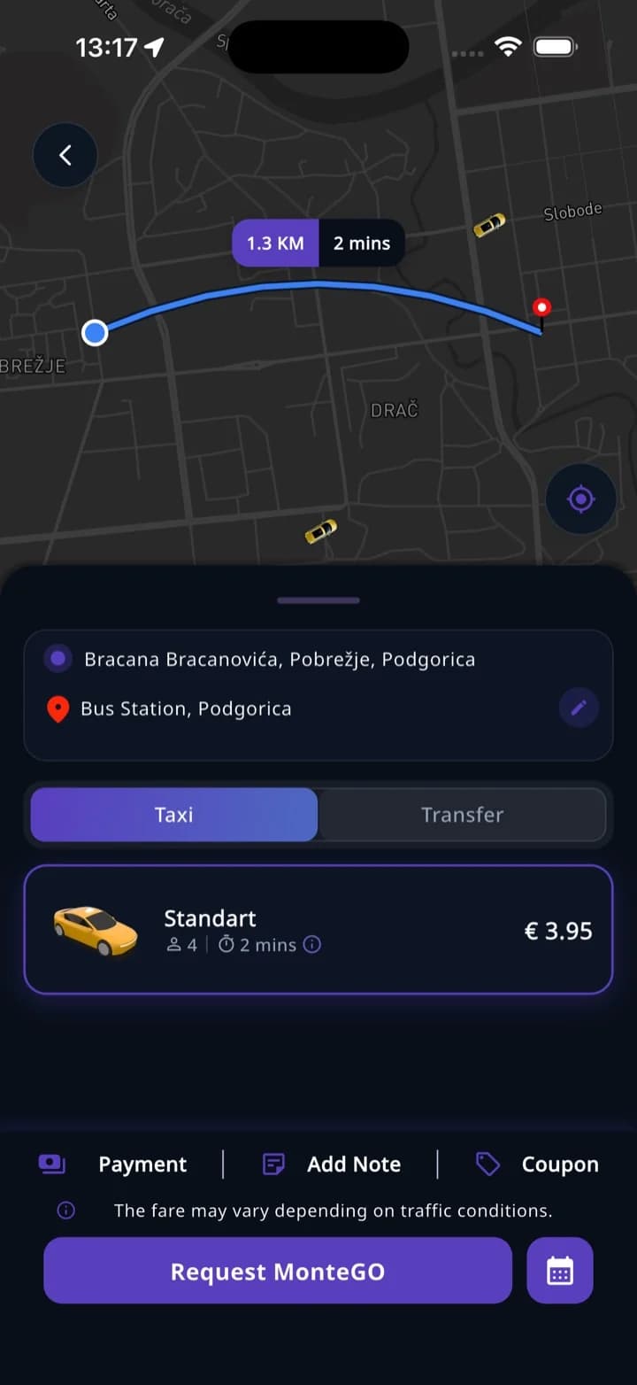 MonteGO taxi booking with upfront fare