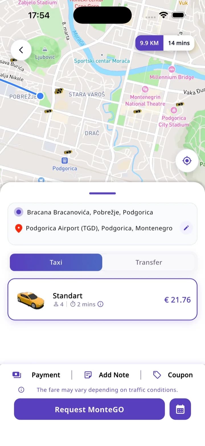 MonteGO taxi booking with upfront fare