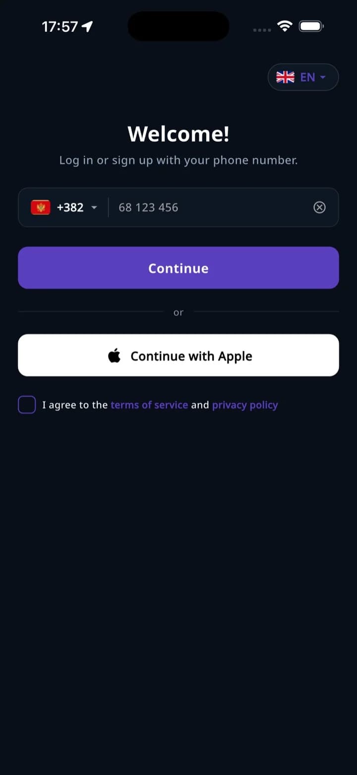 MonteGO sign-up with phone or Apple