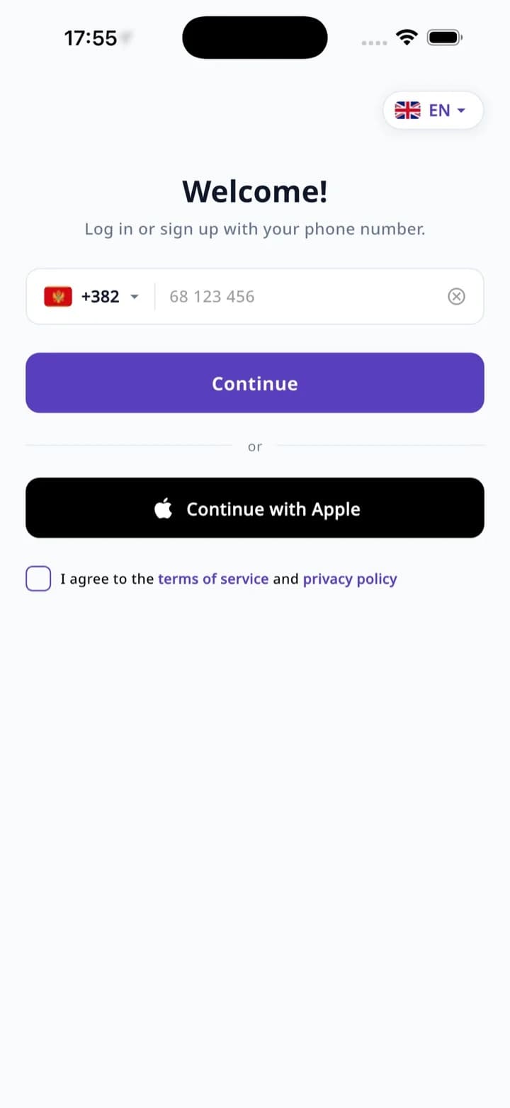 MonteGO sign-up with phone or Apple