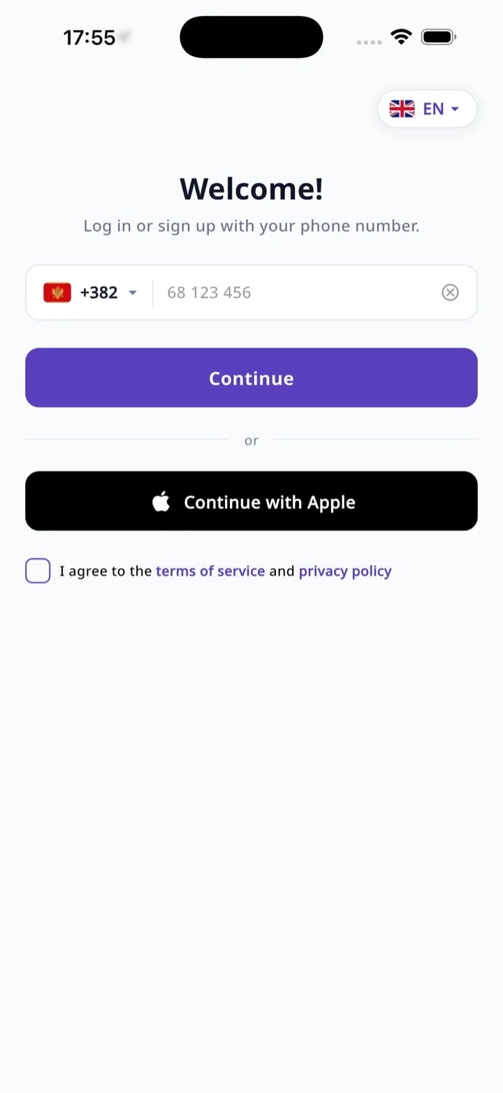MonteGO sign-up with phone or Apple